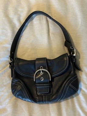Coach Black Leather Shoulder Bag with Silver Buckle